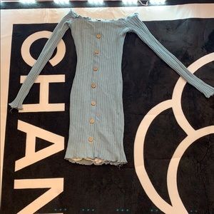 Blue, Ribbed Off The Shoulder Dress.